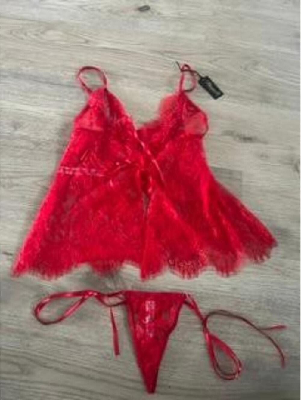 Mapale Red Lace Babydoll Lingerie Set with G-String Size S/M Eyelash Trim 7621